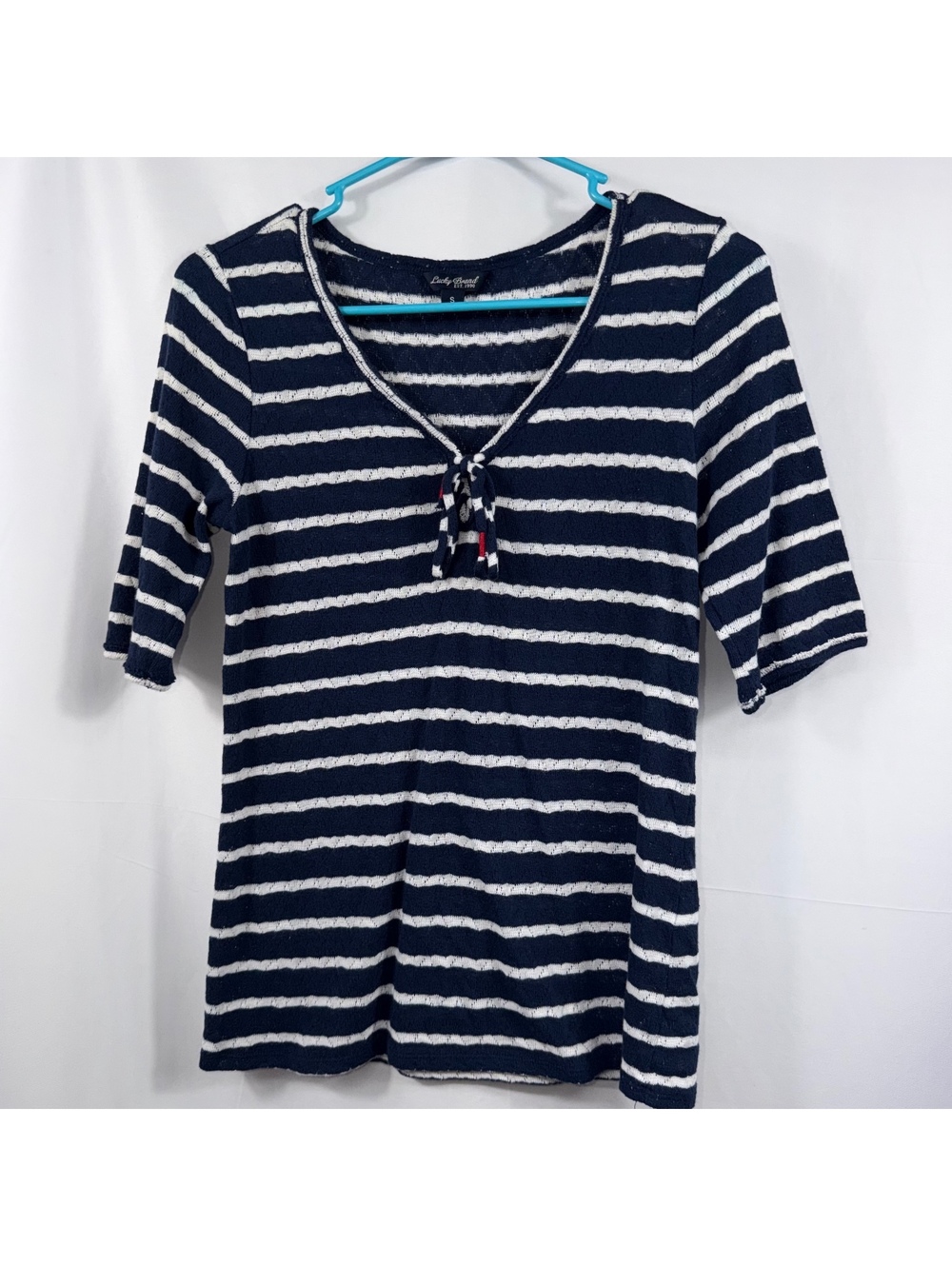 Lucky Brand Navy Stripe Tie Front Top S
